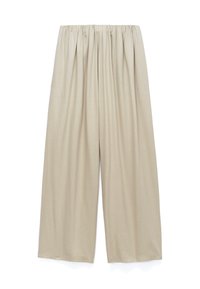 Beige wide-leg pants with an elastic waistband, made from soft, lightweight fabric, displayed flat on a white background.
