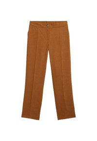 Brązowe spodnie szerokie wykonane z miękkiego materiału, charakteryzujące się płaskim przodem, pojedynczym zapięciem na guzik oraz dwoma bocznymi kieszeniami. Gładka faktura bez wzorów.