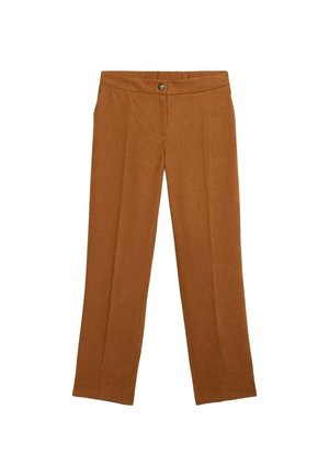 Bruine broek met wijde pijpen, gemaakt van zachte stof, met een platte voorkant, enkele knoopsluiting en twee zijzakken. Soepele textuur zonder patronen.