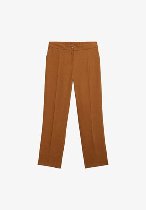 Braune weite Hose aus weichem Stoff, mit flacher Vorderseite, einem Knopfverschluss und zwei seitlichen Taschen. Glatte Textur ohne Muster.