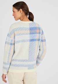 Donna con i capelli castani raccolti in una coda di cavallo, che indossa un maglione crema con un motivo a quadri blu e pesca, rivolta verso sinistra su uno sfondo neutro.