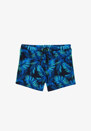 Kopalke v temno modri barvi z vzorcem palmovih listov v zeleni in modri barvi, z elastičnim pasom na vrvico in kontrastnimi robovi. Lahka tkanina.