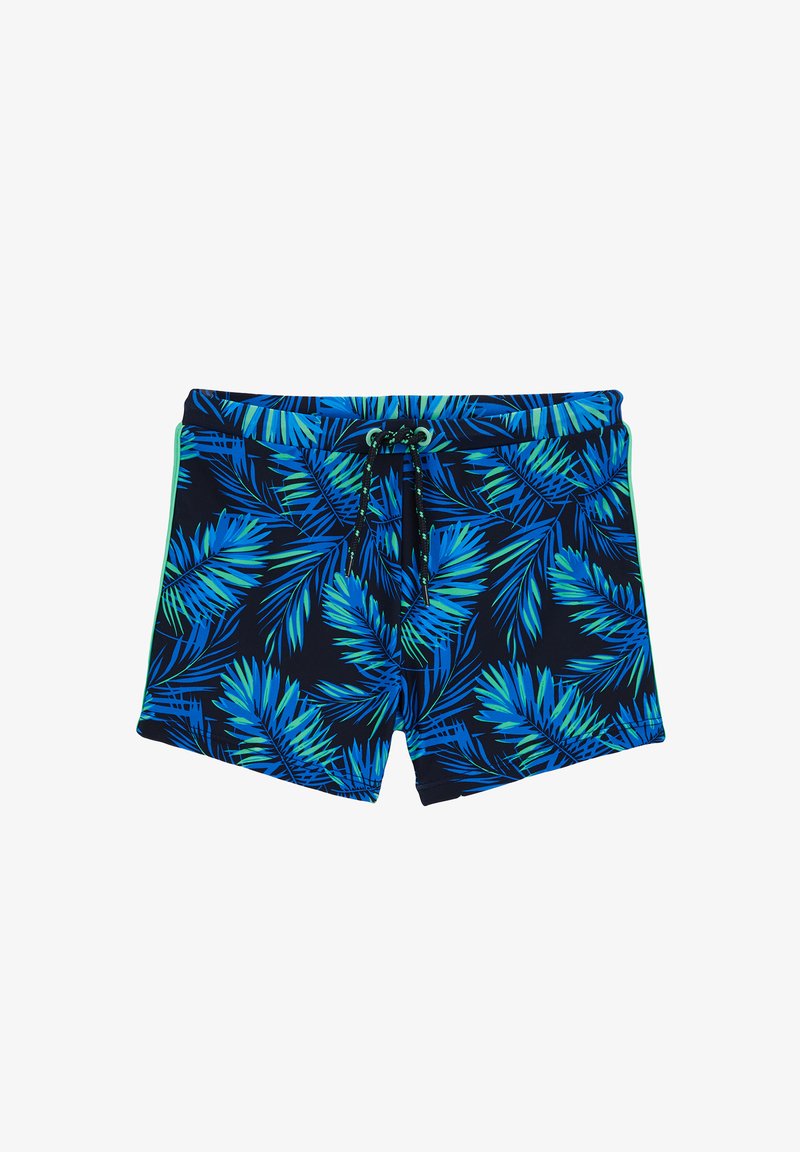 Shorts de bain bleu marine avec un motif de palmiers verts et bleus, dotés d'une taille élastique avec cordon de serrage et de bordures contrastantes. Matériau léger.