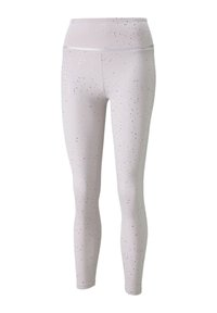 Jasnofioletowe legginsy wykonane z elastycznego materiału, zdobione gwiazdkowym wzorem z fioletowymi i czarnymi kropkami, z wysokim stanem i gładką fakturą.