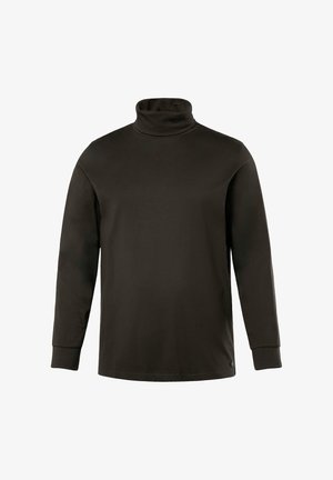 Dunkelbrauner Rollkragenpullover, lange Ärmel, weicher Baumwollstoff, taillierte Passform mit hohem Kragen, keine sichtbaren Muster oder Verzierungen.