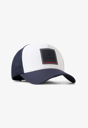 White and navy mesh baseball cap with a curved brim and a black square patch reading "FIRE + ICE" on the front.