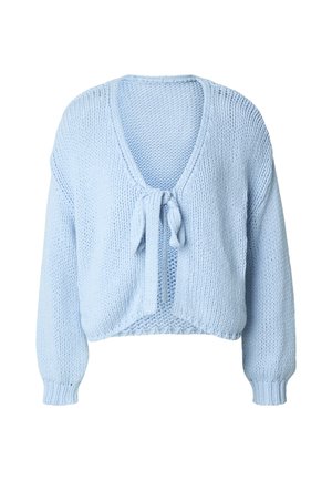 Cardigan de punto azul claro con un escote en V profundo y cierre frontal con lazo. Cuenta con mangas largas y un ajuste relajado y corto.