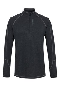 Pullover nero a maniche lunghe realizzato in tessuto testurizzato, caratterizzato da un colletto con mezza zip e cuciture grigie a contrasto lungo le cuciture.