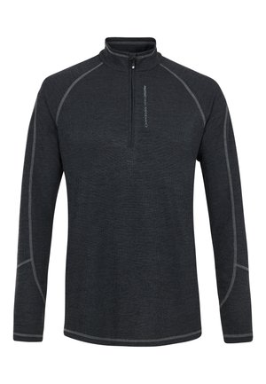 Schwarzer Langarmpullover aus strukturiertem Stoff, mit einem Kragen mit halbseitigem Reißverschluss und kontrastierendem grauem Nähen entlang der Nähte.