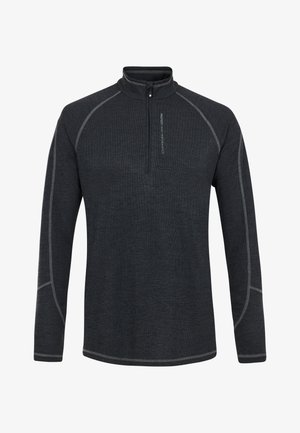 Czarny sweter z długim rękawem, wykonany z teksturowanej tkaniny, z kołnierzem na pół zamek oraz kontrastowym szarym przeszyciem wzdłuż szwów.