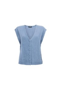 Lichtblauwe, pluizige vest met een V-hals, korte mouwen en vijf ronde knopen aan de voorkant. Gebreide textuur, comfortabele pasvorm, heuplengte.