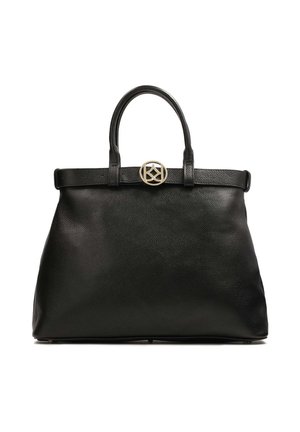 Schwarze Lederhandtasche mit zwei Griffen und einem runden goldenen Verschluss mit geometrischem Muster vorne in der Mitte.