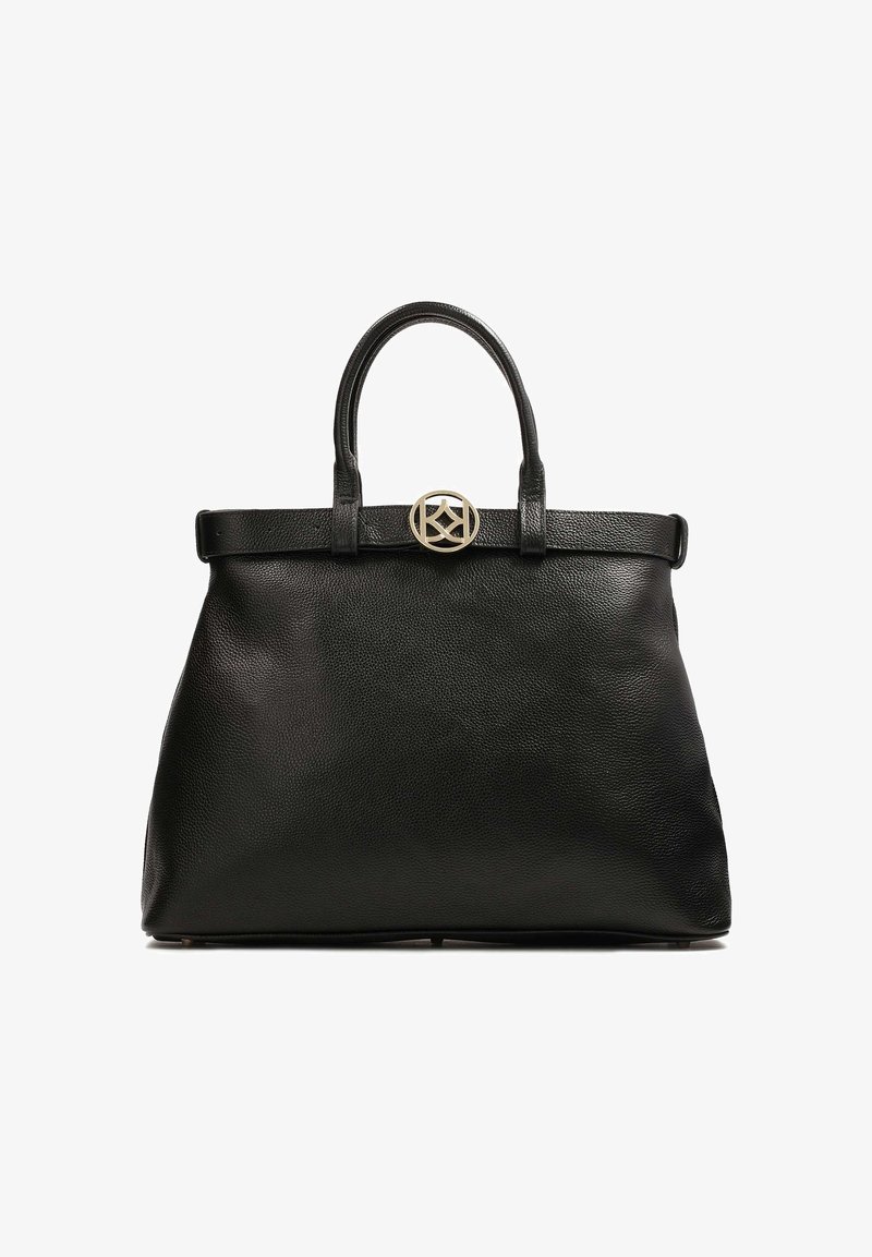 Sac à main en cuir noir avec deux poignées et un fermoir circulaire doré présentant un motif géométrique au centre avant.