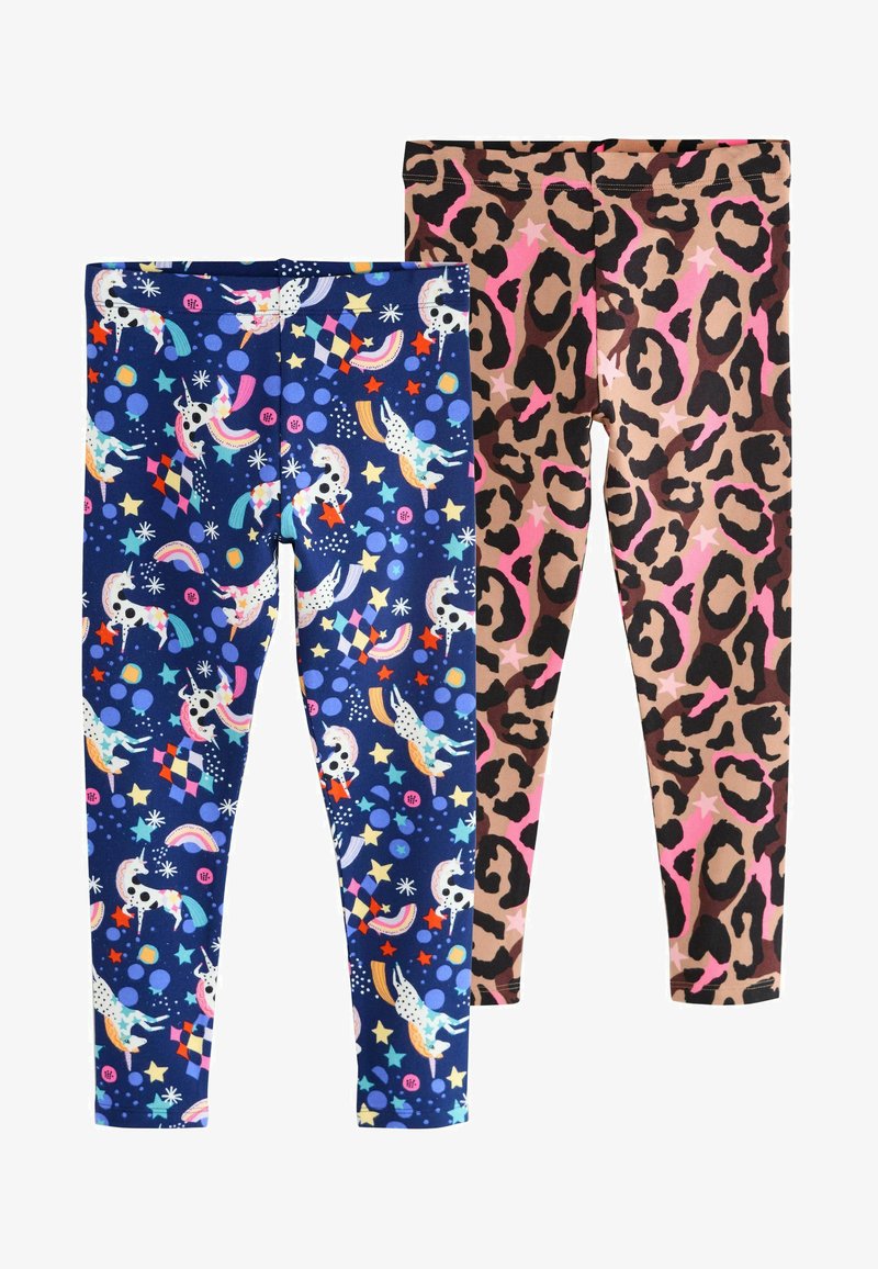 Two pairs of children's leggings, one with colorful unicorns and stars on a blue background, the other with pink and brown leopard print.