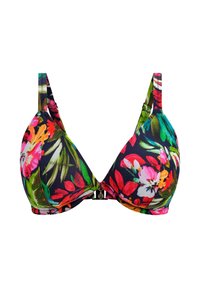 Dreieck-BH mit Blumenmuster in lebhaftem Pink, Orange und Grün auf schwarzem Grund; verstellbare Träger und Verschluss vorne.