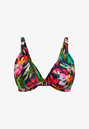 Dreieck-BH mit Blumenmuster in lebhaftem Pink, Orange und Grün auf schwarzem Grund; verstellbare Träger und Verschluss vorne.