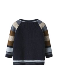 Navy blue knit sweater with ribbed texture, featuring striped accents in beige, brown, and light blue on sleeves and hem.