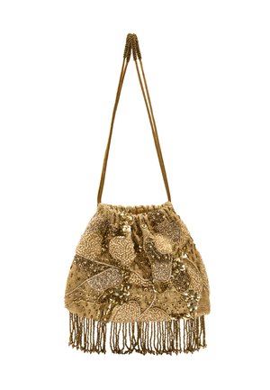 Złota torebka na ściągacz ozdobiona koralikami i cekinami, z misternymi wzorami, długimi paskami oraz koralikowym frędzlem na dole.
