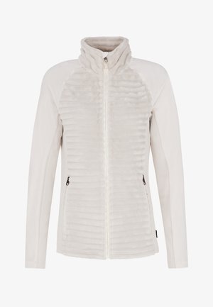Lys beige zip-up jakke med vertikal ribbet struktur foran, glatte ærmer og to sidelommer med lynlåse.