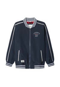 Marineblauer Bomberjacke mit weißen gestreiften Bündchen und Kragen, Reißverschluss, Seitentaschen und gesticktem Logodetail. Glatte Stofftextur.