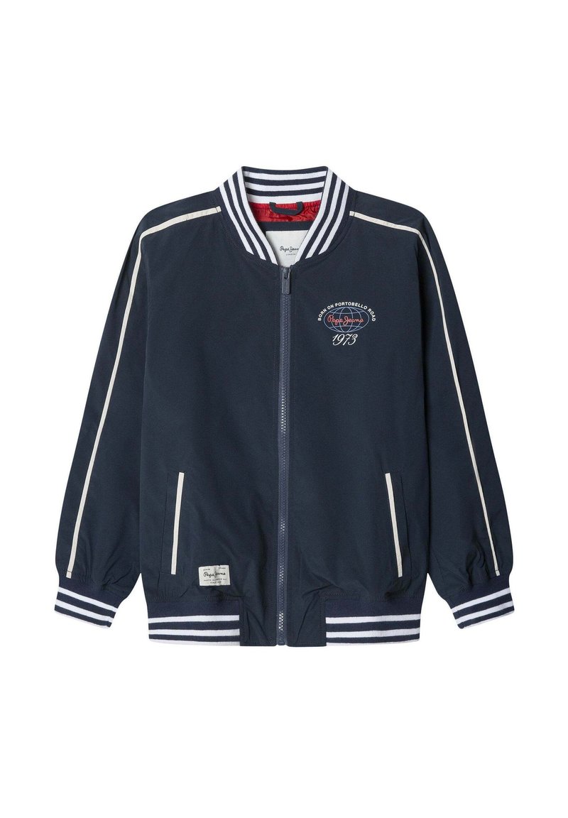 Jūras spēku bomber jakas ar baltām svītrojuma aprocēm un apkakli, ar rāvējslēdzēju, sānu kabatām un izšūtu logotipa detaļu. Gluda auduma tekstūra.