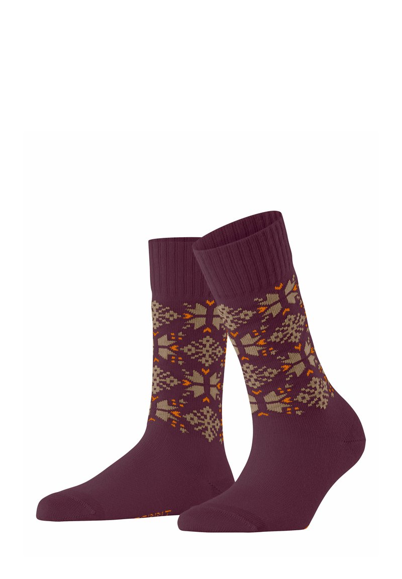 Bordowe skarpetki z wzorem, który wyróżnia beżowe i pomarańczowe akcenty. Żebrowany mankiet, gładka tekstura i profilowany kształt dla lepszego dopasowania.