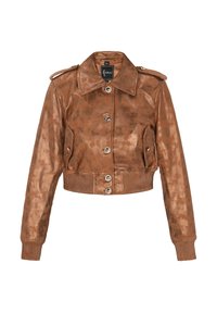 Brun læder cropped jakke med spids krave, blank overflade, s�ølvknapper og ribbede manchetter. Har to sidelommer og skulderepauleter.