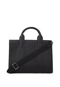 Μαύ�ρη δερμάτινη τσάντα με υφή, με διπλές λαβές και ρυθμιζόμενο ιμάντα ώμου διαγωνίως μπροστά.