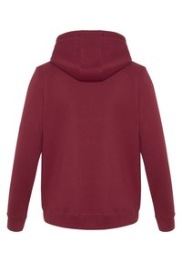 Bordeauxfarbener Kapuzenpullover mit glatter Textur, langen Ärmeln und einer Kängurutasche. Verfügt über gerippte Bündchen und Saum. Keine sichtbaren Logos oder Muster.