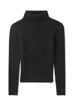 Maglione a collo alto a coste grigio scuro con maniche lunghe e design aderente. Tessuto morbido con un colletto confortevole.