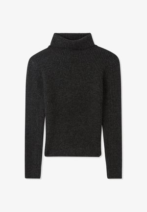 Maglione a collo alto a coste grigio scuro con maniche lunghe e design aderente. Tessuto morbido con un colletto confortevole.