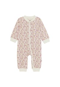 Baby-Overall mit Blumenmuster aus weichem Stoff, mit einem cremig weißen Grund, rosa und grünen Blumen, langen Ärmeln und einem Reißverschluss.