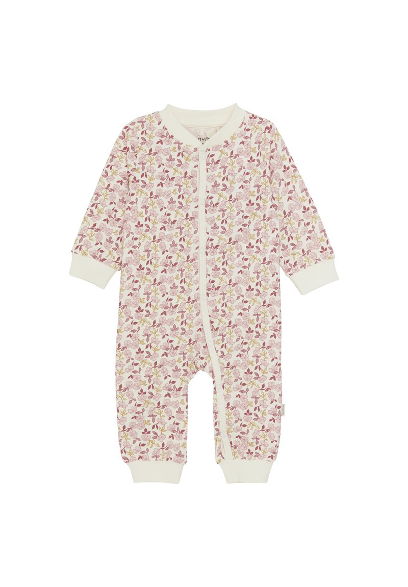 Baby-Overall mit Blumenmuster aus weichem Stoff, mit einem cremig weißen Grund, rosa und grünen Blumen, langen Ärmeln und einem Reißverschluss.