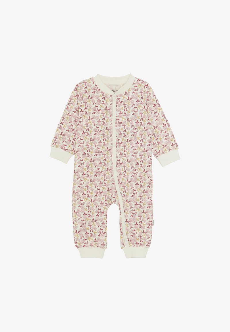 Baby-Overall mit Blumenmuster aus weichem Stoff, mit einem cremig weißen Grund, rosa und grünen Blumen, langen Ärmeln und einem Reißverschluss.