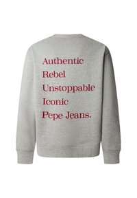 Felpa grigia con scollo rotondo che presenta del testo color granata sul retro: "Authentic", "Rebel", "Unstoppable", "Iconic" e "Pepe Jeans".