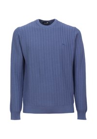 Gestickter Pullover in Hellblau mit gerippter Textur, Rundhalsausschnitt und langen Ärmeln. Verfügt über ein kleines Logo in dunklerem Blau auf der Brust.
