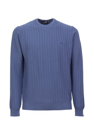 Pletený svetr v světle modré barvě s žebrovanou strukturou, kulatým výstřihem a dlouhými rukávy. Na hrudi se nachází malé logo v tmavší modré barvě.