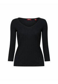 Schwarzes V-Ausschnitt Langarmshirt für Damen mit slim fit und gerippter Textur, präsentiert vor einem weißen Hintergrund.