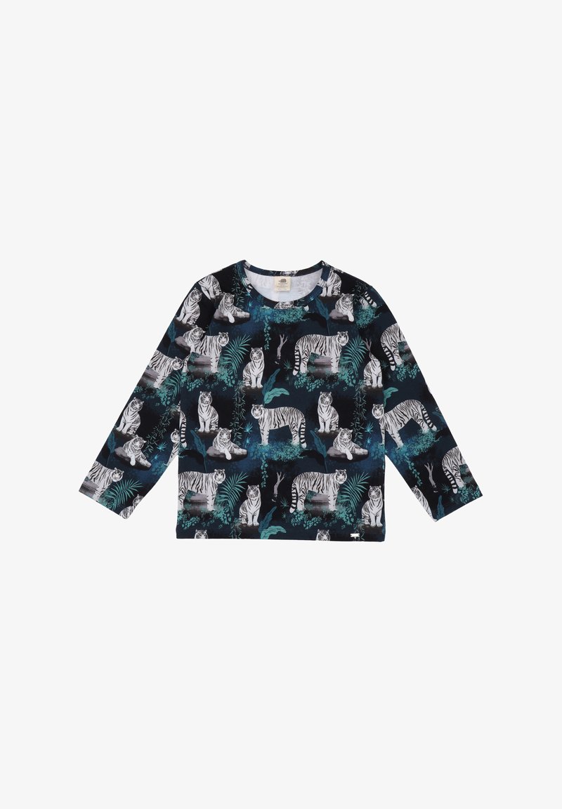 Long-sleeve shirt featuring a navy background with white tigers and green foliage patterns. Made from soft fabric with a crew neckline.