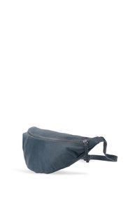 Blue fabric fanny pack with a smooth texture, zippered compartment, and adjustable strap. Slim profile and curved design for ergonomic wear.