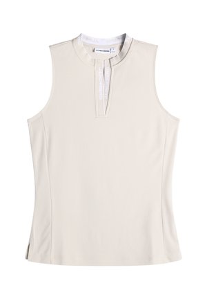 Top beige sin mangas con escote redondo y abertura frontal, paneles laterales texturizados y detalle sutil de logo en el cuello y borde de la abertura.