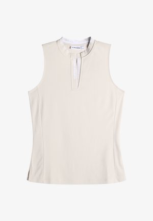Top beige sin mangas con escote redondo y abertura frontal, paneles laterales texturizados y detalle sutil de logo en el cuello y borde de la abertura.