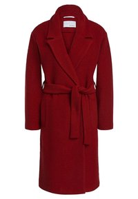 Manteau cache-cœur en mélange de laine rouge avec col cranté, manches longues, ceinture à la taille et deux poches latérales. Texture lisse, coupe longueur genou.