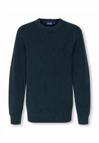 Maglione a coste di un verde scuro con maniche lunghe e scollatura rotonda, progettato per uomini, esposto su uno sfondo bianco.