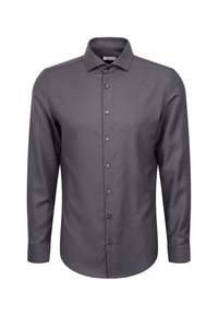 Heren overhemd met lange mouwen, knoopsluiting en een klein zwart-wit geometrisch patroon, met een spread collar en knoopmanchetten.
