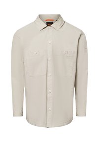 Lichtbeige langemouwen shirt met een button-down kraag, twee voorzakken en een soepele textuur. Bevat logo-detail op de mouw.