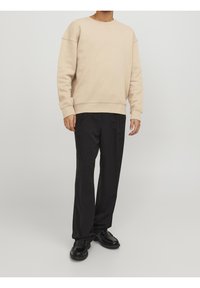 Uomo che indossa un felpa beige, pantaloni neri larghi e mocassini in pelle nera, in piedi su uno sfondo grigio chiaro uniforme.