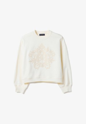 Cremefarbener Sweatshirt mit langen Ärmeln, gerippten Bündchen und Saum, mit einer dezenten erhabenen Blumenstickerei in der Mitte vorne.