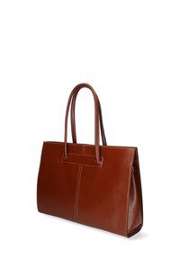 Borsa a tracolla in pelle marrone con due manici, caratterizzata da un design strutturato, cuciture a contrasto e una superficie liscia e lucida.