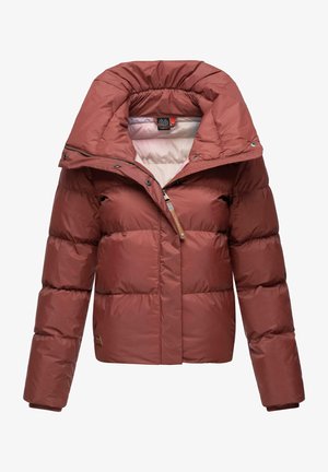 Burgundy puffer jacket with a high collar, padded design, zip closure, and ribbed cuffs. Features a textile label on the left hem.